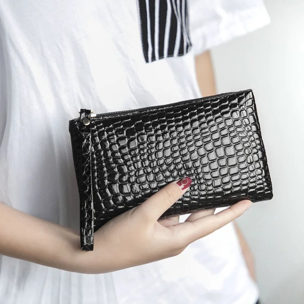 2/$30 Black Croc-Embossed Leather Clutch Wristlet Zip Pouch Purse